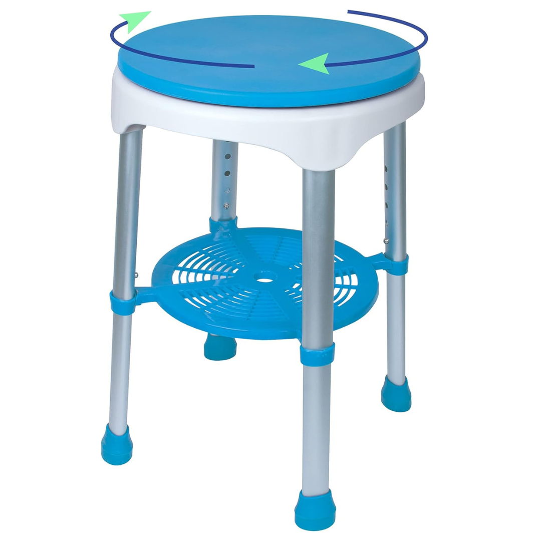 The Carex EZ Shower Swivel Stool is a blue and white shower seat with four adjustable legs, a round rotating seat marked with arrows, and a lower blue shelf—ideal for adjustable height and easy spinning in the shower.